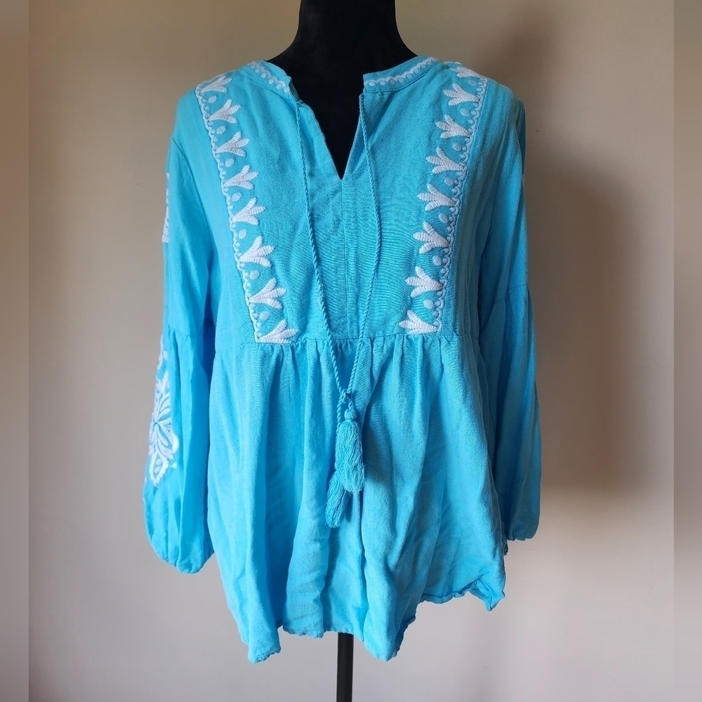 Soft Surroundings Embroidered Blue Tunic Sz Large Vibrant & Lots of Details!